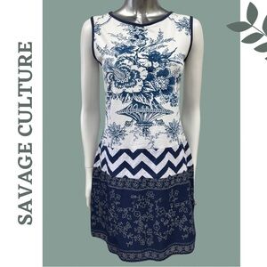 Savage Culture Sleeveless Summer Dress Blue White Mixed Pattern Size Medium